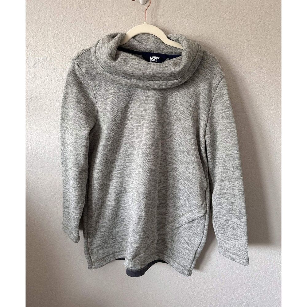 Lands End Womens LP Gray Heathered Fleece Cowl Neck Tunic Pullover Sweater